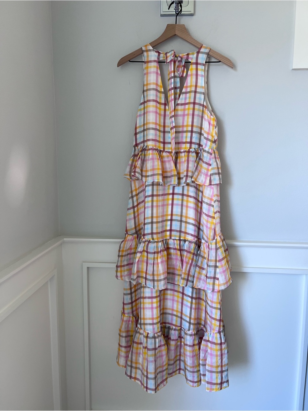 cinq a sept Pastel Plaid Tiered V-Neck Maxi Dress in Yellow and Pink - Picture 5 of 11